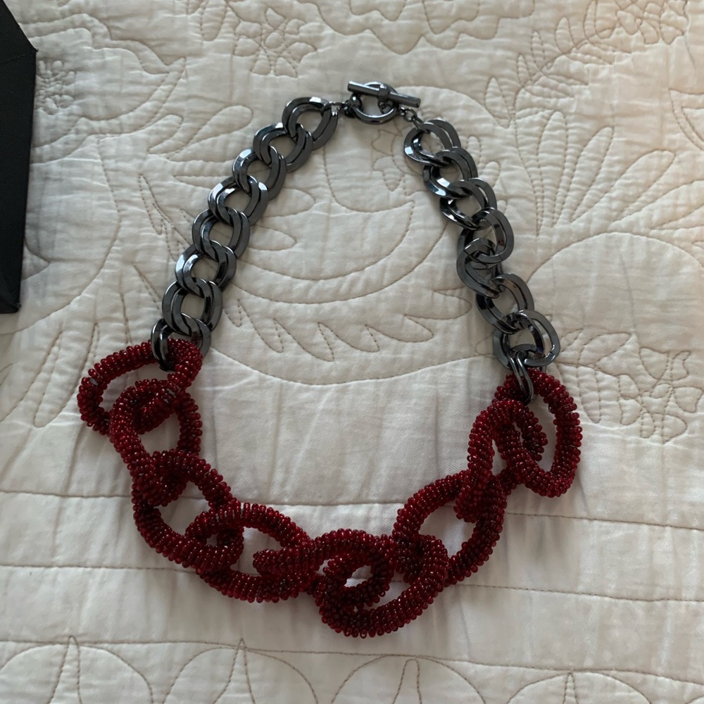 Smokey Gray/Gunmetal and Red Necklace and matching hoop earrings.